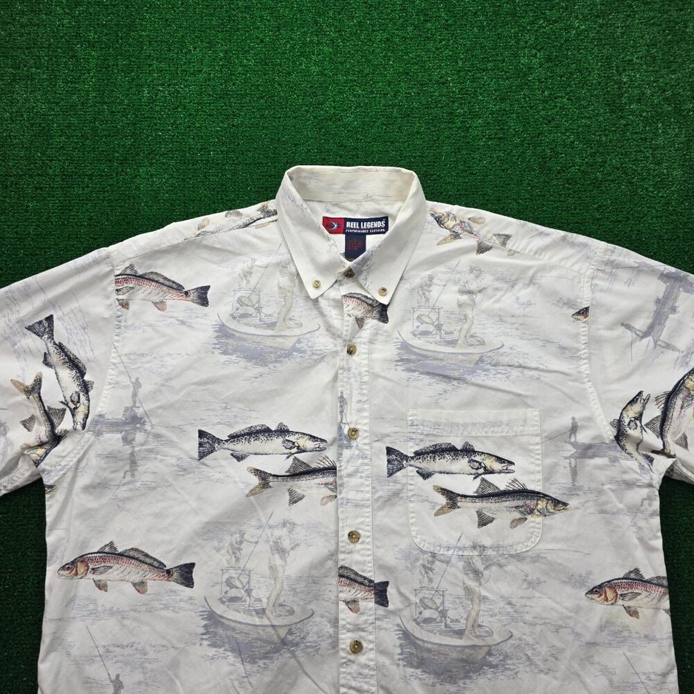 Reel Legends Shirt Mens Large White‎ Button Up Short Sleeve Fish All Over Print - Picture 2 of 9